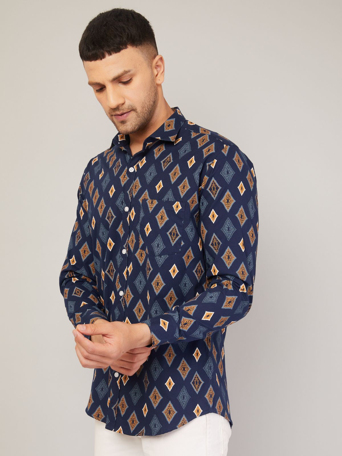 Louis Monarch Men Regular Fit Block Printed Blue Spread Collar Casual Shirt